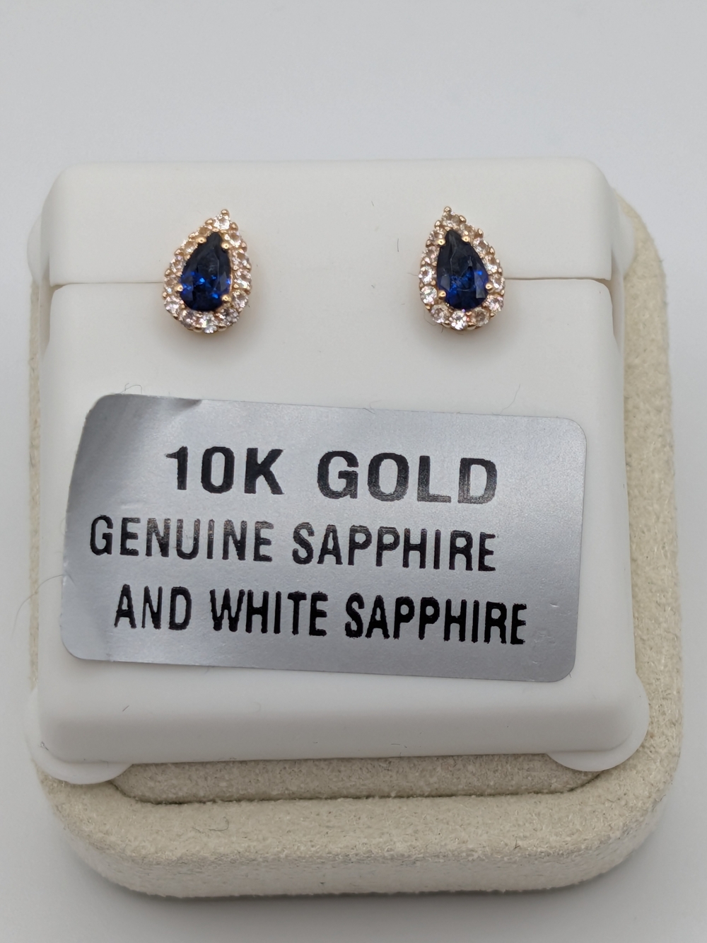 10K Yellow Gold Genuine Blue & White Sapphire Pear Halo Stud Earrings NWT